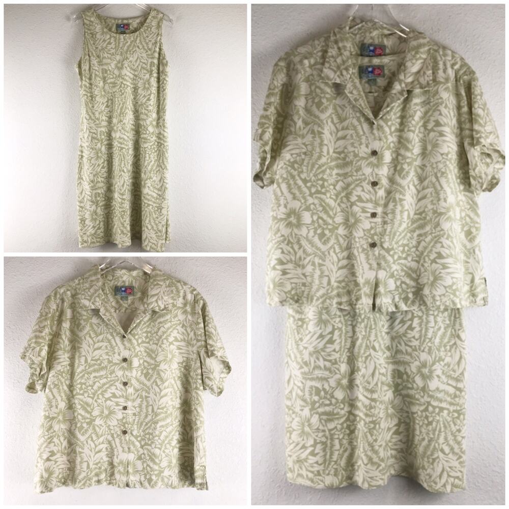 Hilo Hattie 100% Silk Hawaiian Dress and Shirt Jacket Set Tropical Print Size XL